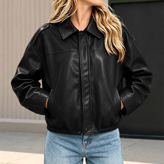 Women's Faux Leather Jacket Zip Up Long Sleeve with Pockets Vegan Leather Jacket Trendy