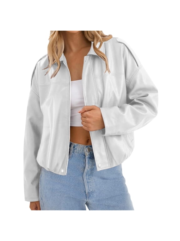 Women's Faux Leather Jacket Zipper Long Sleeve Bomber Jackets Outerwear Short Casual Trendy Fall Winter Coat White 2XL