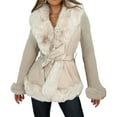 thumbnail image 1 of Women's Faux Leather Jacket with Faux Fur Collar, Winter Long Sleeve Furry Trim Peplum Parka Coat with Belt Beige S, 1 of 10