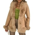 thumbnail image 1 of Women's Faux Leather Jacket with Faux Fur Collar, Winter Long Sleeve Furry Trim Peplum Parka Coat with Belt Brown L, 1 of 8