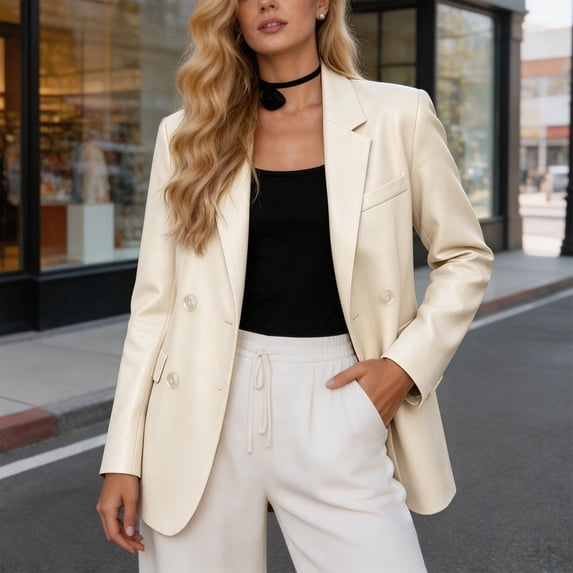 Women's Faux Leather Long Sleeve Moto Jacket | Round Neck Commuter Blazer Style Outerwear for Office Professional & City Commute - Sleek Casual Coat for Fall Winter Workwear