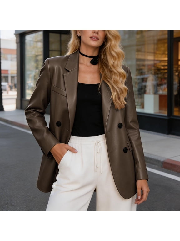 Women's Faux Leather Long Sleeve Moto Jacket | Round Neck Commuter Blazer Style Outerwear for Office Professional & City Commute - Sleek Casual Coat for Fall Winter Workwear