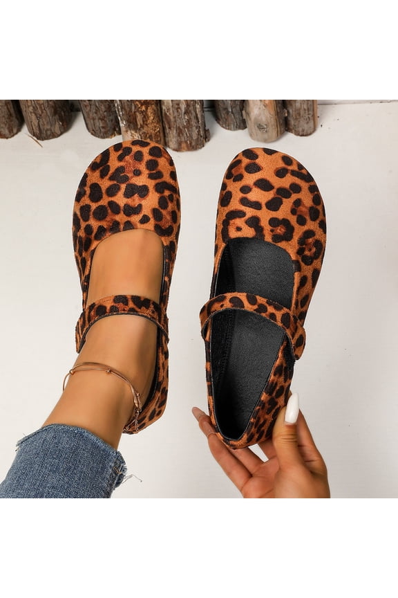 Women's Faux Leather Mary Jane Flats, Women's Square Toe Velvet Mary Janes, Comfortable and Sophisticated Women's Dress Shoes-Leopard Print