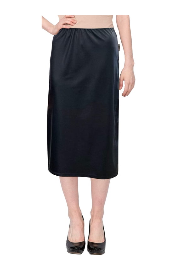 Women's Faux Leather Matte Finish Basic Modest 26" Below the Knee Length Stretch Knit Straight Skirt