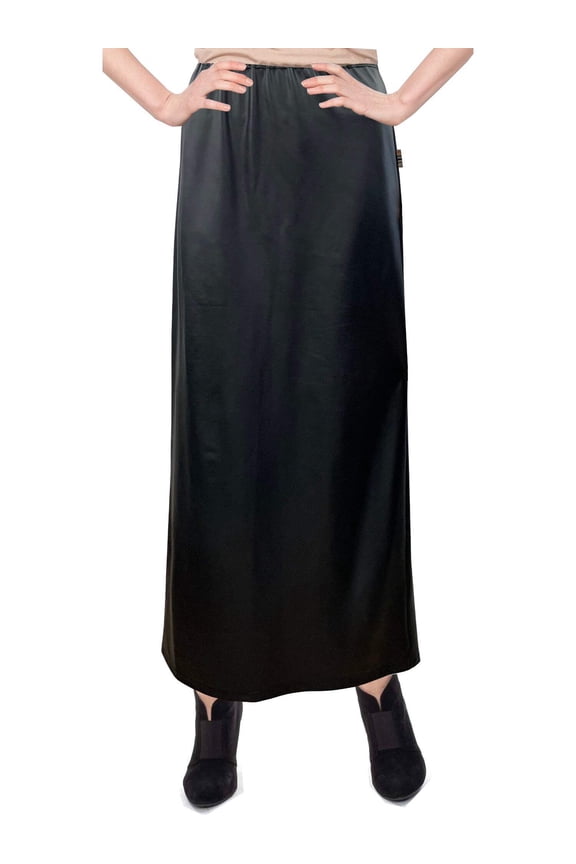 Women's Faux Leather Matte Finish Basic Modest 37" Ankle Length Stretch Knit Straight Skirt