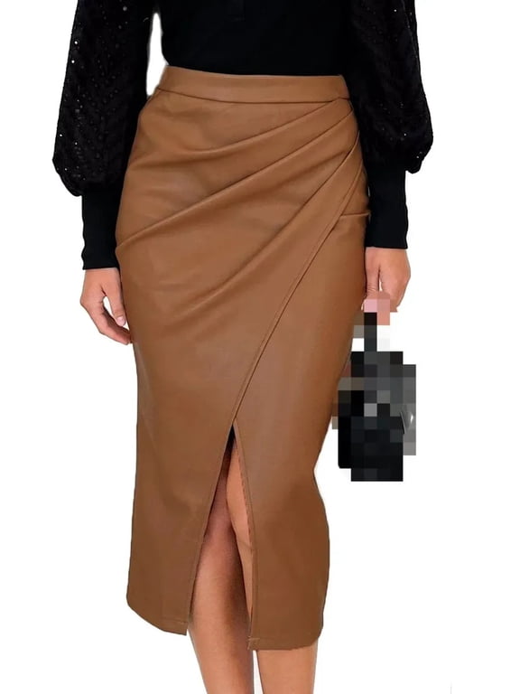 Women's Faux Leather Midi Pencil Skirt, High Waist Ruched Wrap Slit Skirt, Elegant Bodycon Skirt for Office Party