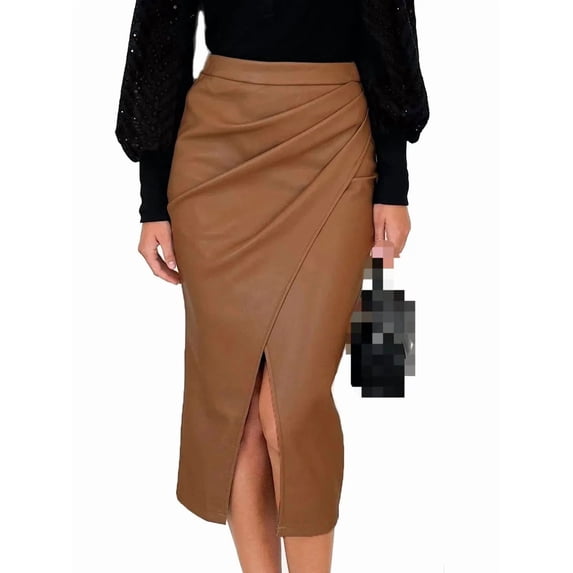Women's Faux Leather Midi Pencil Skirt, High Waist Ruched Wrap Slit Skirt, Elegant Bodycon Skirt for Office Party