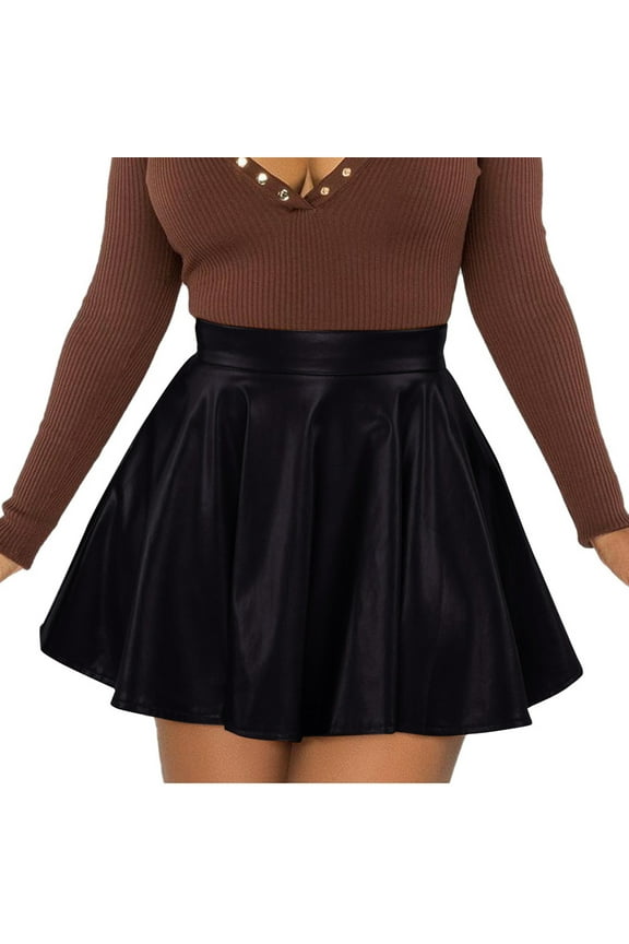 Women's Faux Leather Mini Skirt Women's Casual Fashion Flared Pleated A-Line Circle Skater Skirt Short Skirt for Women Leather Skirts