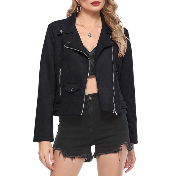 Women's Faux Leather Moto Biker Short Coat Jacket Black S