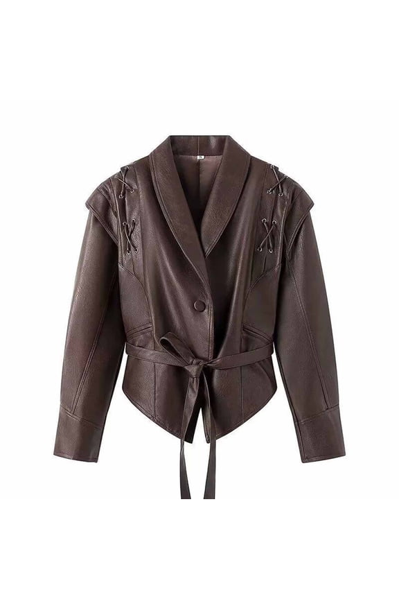Women's Faux Leather Moto Biker Short Coat Jacket Fashion Women's Casual Long Sleeve Loose Lace Up Long Looped Woolen Coat Jacket Brown S