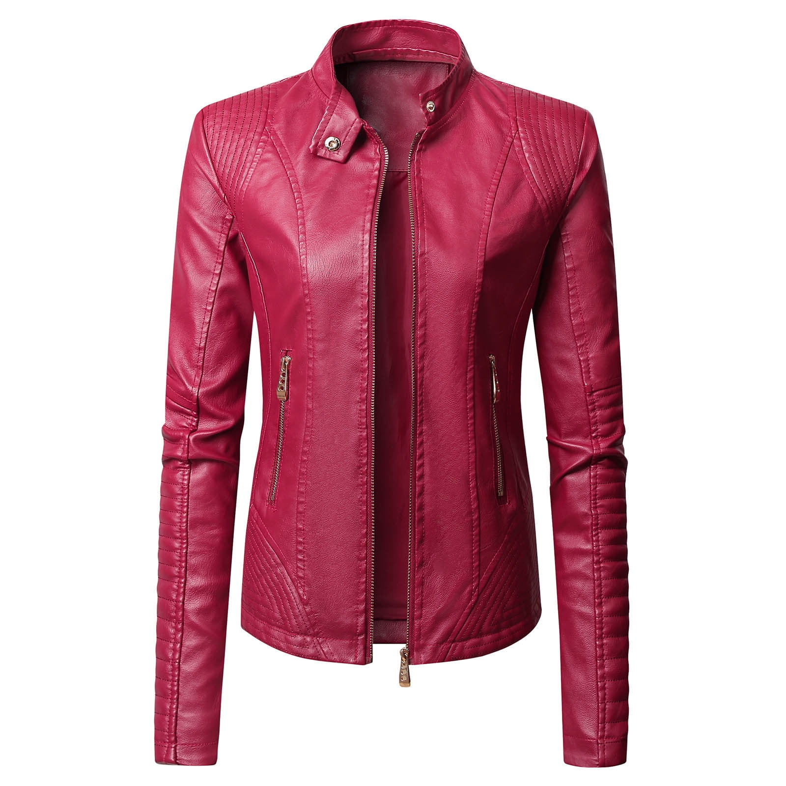 Women's Faux Leather Moto Biker Short Coat Jacket Fashion Womens Jacket Solid Long Sleeve Zipper Pocket Outerwear Tops Short Coat Wine XXL
