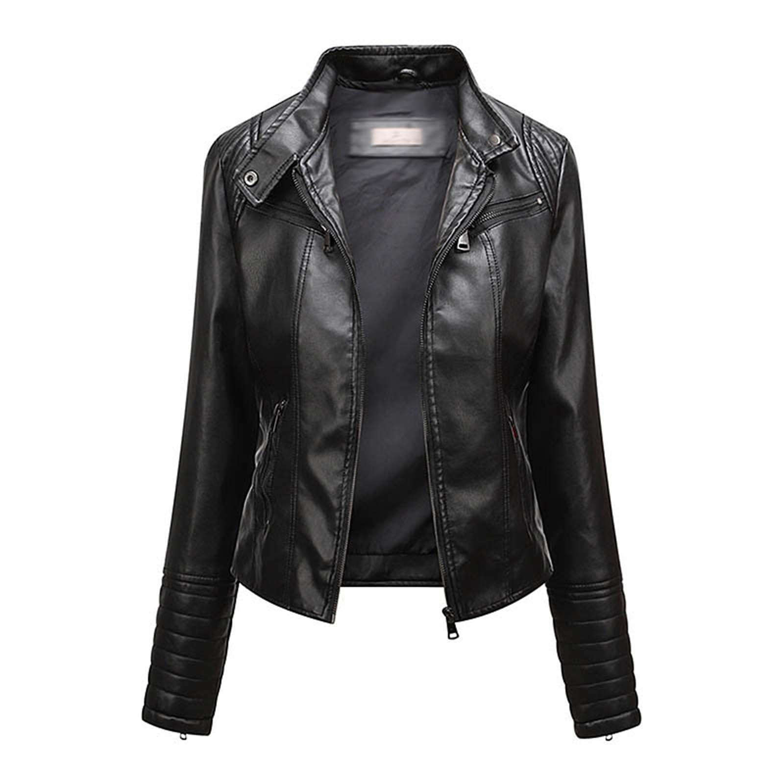 Women's Faux Leather Moto Jacket Casual Short Solid Color Slim Fitting Biker Coat with Pockets Fall Long Sleeve Sweater for Women S-148 Black M