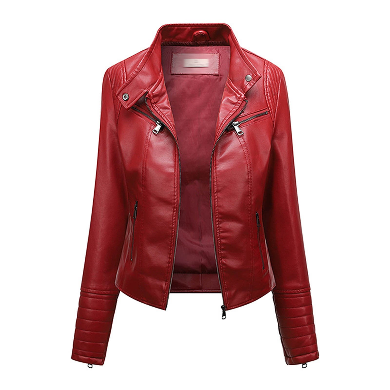 Women's Faux Leather Moto Jacket Casual Short Solid Color Slim Fitting Biker Coat with Pockets Fleece Hoodie Cotton Sweatshirt S-148 Red-a XXL