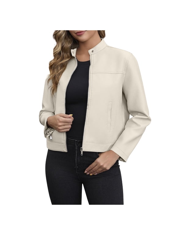 Women's Faux Leather Moto Jacket with Pockets Long Sleeve Zip-Up Stand Collar Biker Outerwear | Edgy Motorcycle Style Coat for Concert Nights and Weekend City Strolls