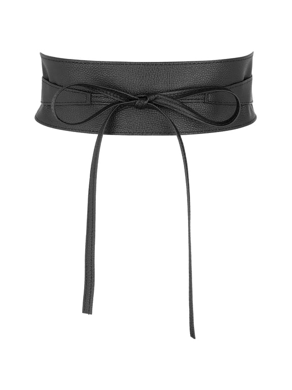 Women's Back to School Faux Leather Obi Belt - 223cm Long Wrap Around Waist Sash for Dresses & Coats Black One Size