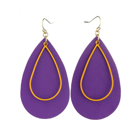 Women's Faux Leather Open Cut Metal Teardrop Dangle Pierced Earrings, Purple/Mustard