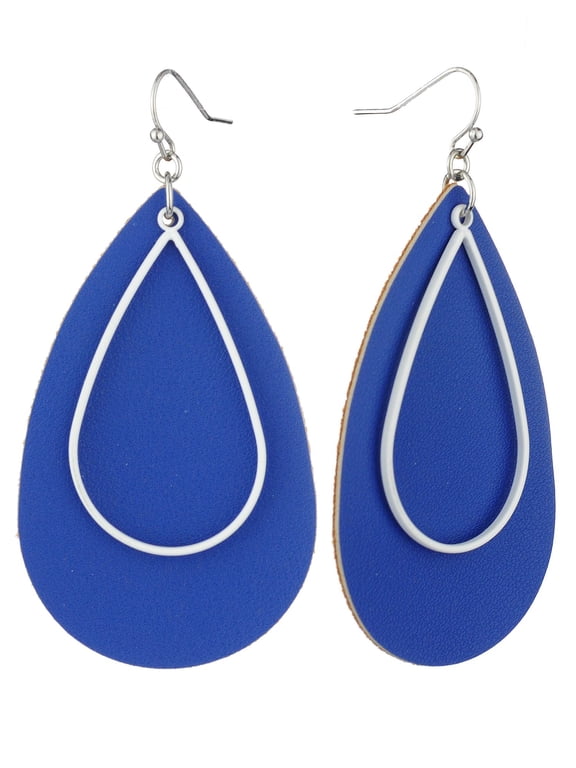 Women's Faux Leather Open Cut Metal Teardrop Dangle Pierced Earrings, Royal/White