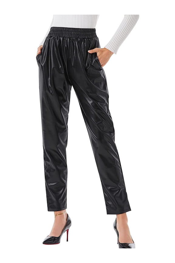 Women's Faux Leather Pants Casual Pencil Pants with Pockets High Waist Trousers Streetwear