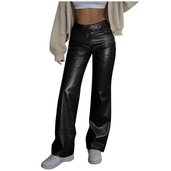 Women's Faux Leather Pants Elastic Waist Straight Leg Pants with Pockets Leather Motorcycle Pants Loose Solid Color Boyfriend Pants Streetwear Y2K Outfit