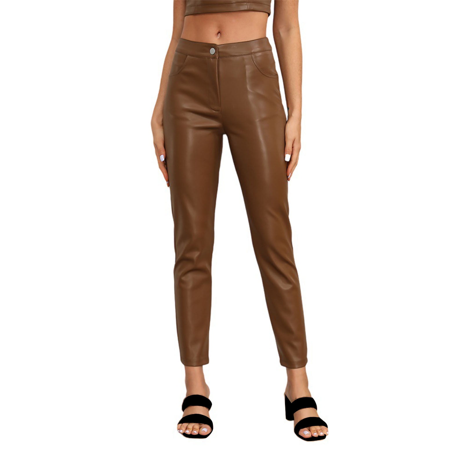 Women's Faux Leather Pants Fashion High Waisted Straight Leg Cropped Ankle Trousers Matte Pleather Pants