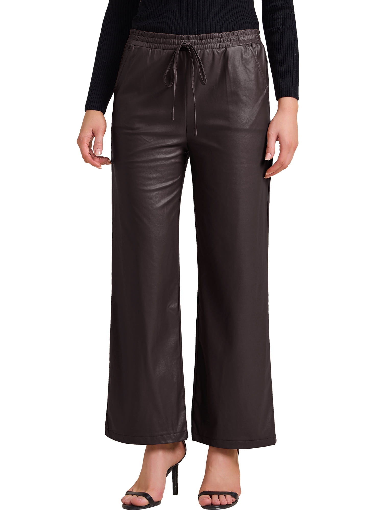 INSPIRE CHIC Women's Faux Leather Pants High Waist Straight Leg Pant Trousers with Pockets Party Outfit L Coffee