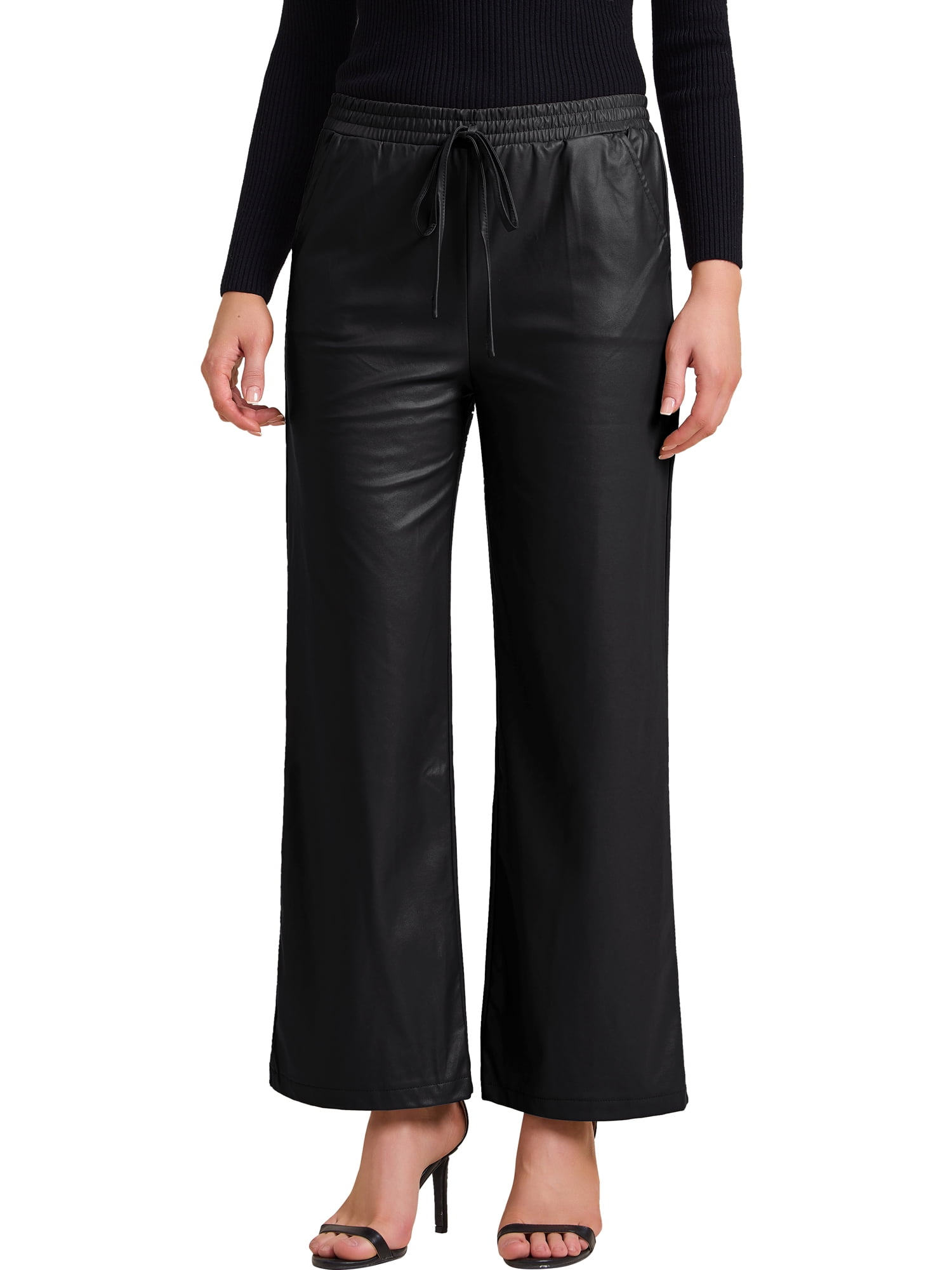 INSPIRE CHIC Women's Faux Leather Pants High Waist Straight Leg Pant Trousers with Pockets Party Outfit XS Black
