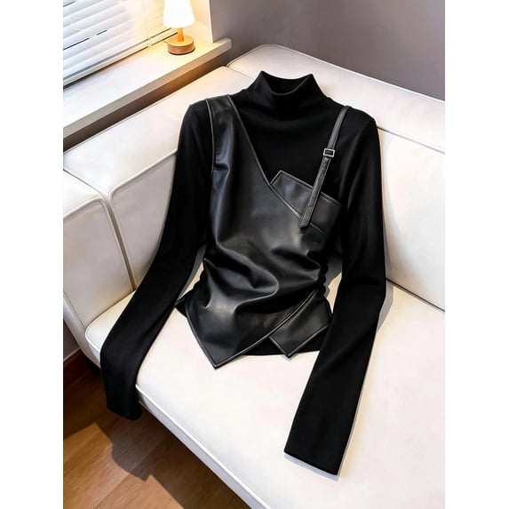 Women's Faux Leather Patchwork Top Mock Neck Long Sleeve Knit Blouse