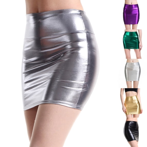Women's Faux Leather Pencil Skirt, Solid Color Sexy Bodycon Mini Skirt, High Waist Club Skirt for Party, Night Out and Date,Gray,2XL