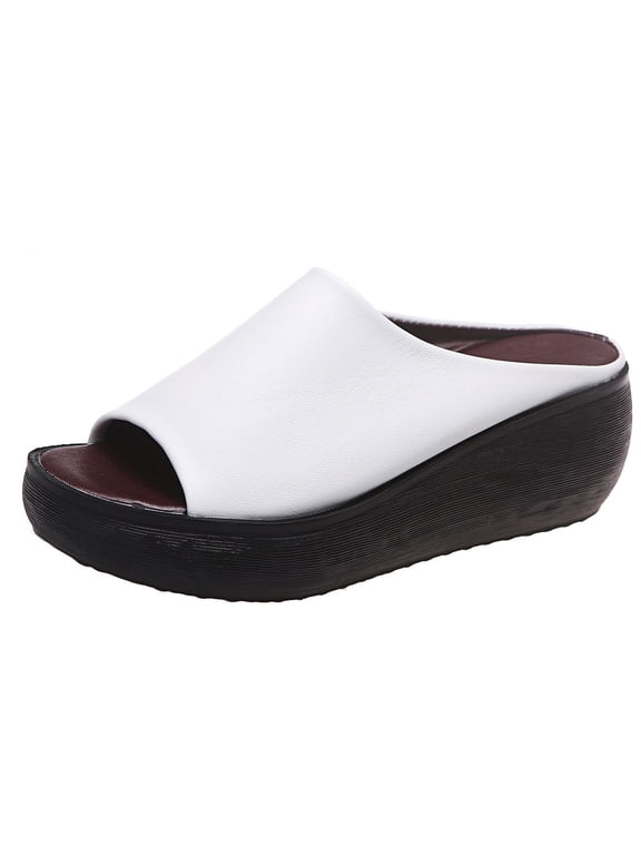 Women's Faux Leather Wedge Sandals Summer Open Toe Slip On Comfortable Mules Shoes Casual Slippers White 37