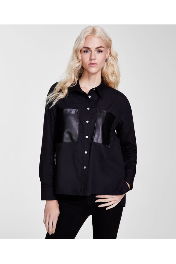 Women's Faux-Leather-Pocket High-Low Shirt Black XL