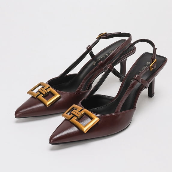 On feet & in love Women's Pointed Toe Geometric Buckle Slingback Heels - Dual Strap Stiletto Dress Pumps with Adjustable Ankle Strap,6,Wine-red