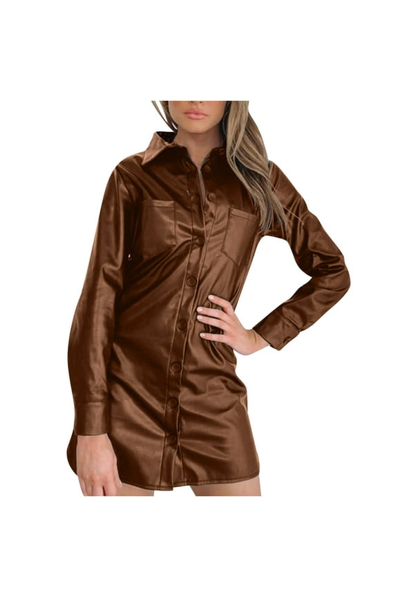 Women's Faux Leather Shirt Dress Jackets Button Down Lapel Collar Long Sleeve PU Leather Mini Dresses Sexy