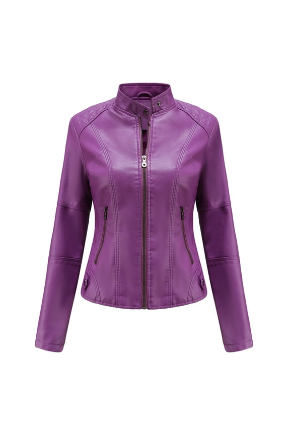 Women's Leather Short Biker Jacket Purple M