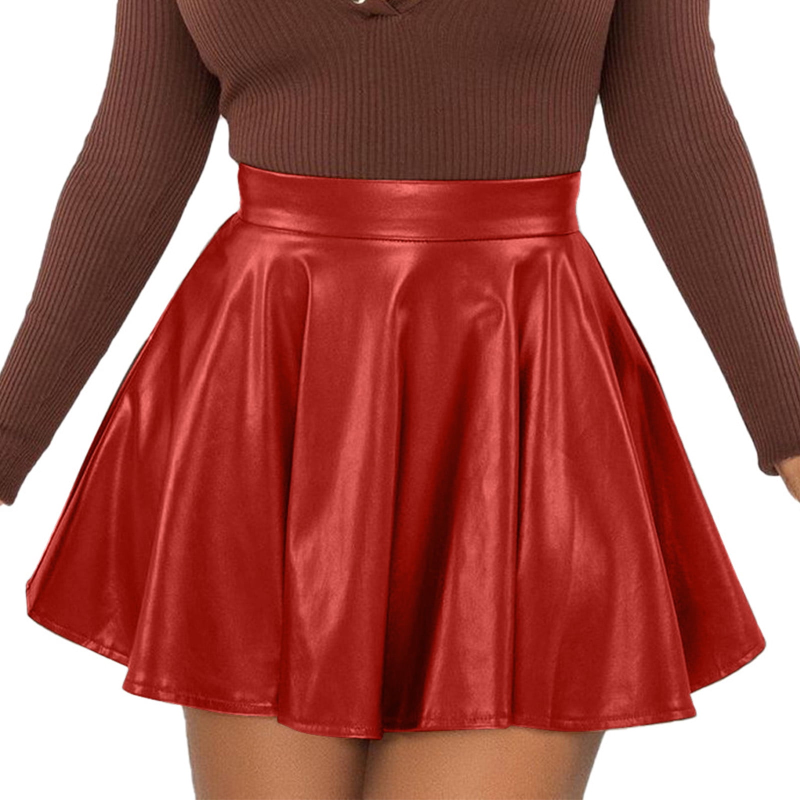 Women's Faux Leather Short Skirt Sexy High Waist Stretch Solid Color Pleated  Skirt Retro Solid Color A-Line Mini Skating Skirt 