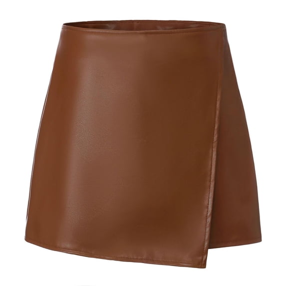 Women's Faux Leather Skorts High Waist Wrap Mini Skirt with Irregular Hem Trendy Street Office Wear Khaki S