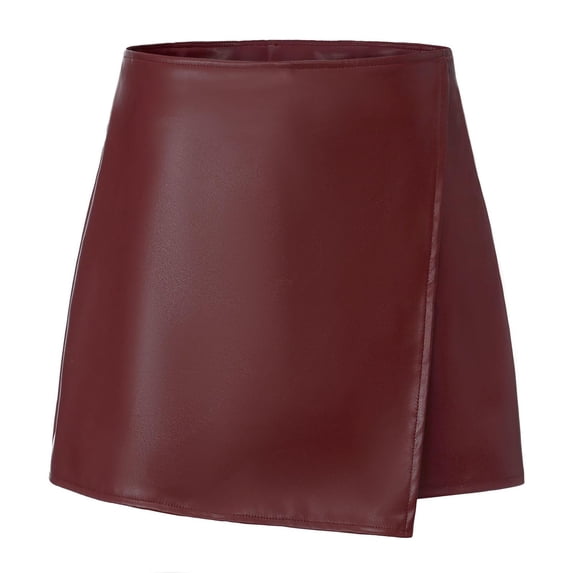 Women's Faux Leather Skorts High Waist Wrap Mini Skirt with Irregular Hem Trendy Street Office Wear Wine S