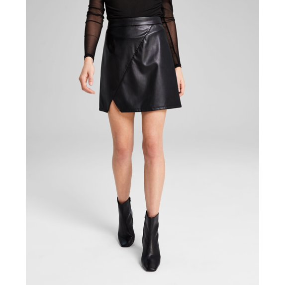 Women's Faux-Leather Slit-Front Mini Skirt Black S