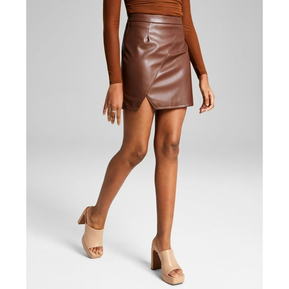 Women's Faux-Leather Slit-Front Mini Skirt Chocolate Brown XS