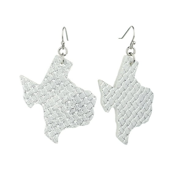 Women's Faux Leather Texas State Shape Dangle Pierced Earrings, Metallic White