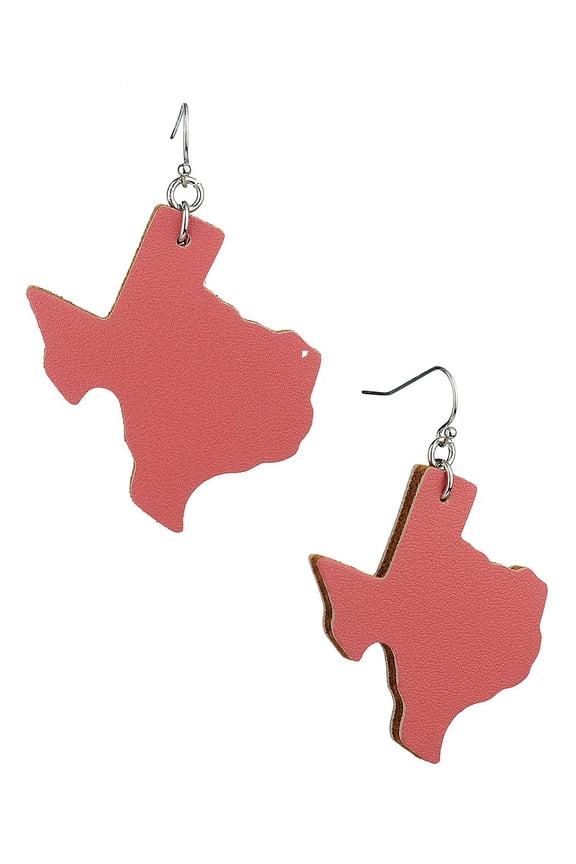 Women's Faux Leather Texas State Shape Dangle Pierced Earrings, Smooth Coral