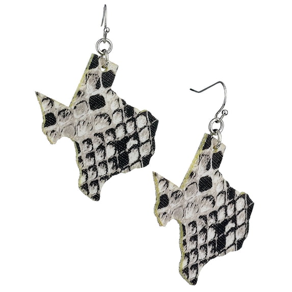 Women's Faux Leather Texas State Shape Dangle Pierced Earrings, Snakeskin Black and White