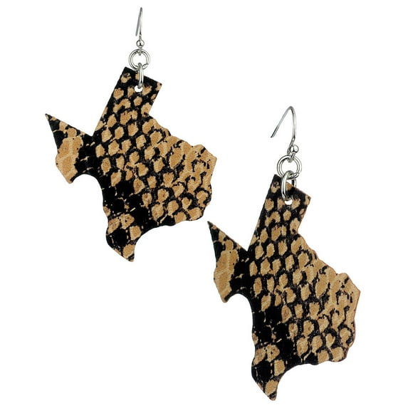 Women's Faux Leather Texas State Shape Dangle Pierced Earrings, Snakeskin Peach