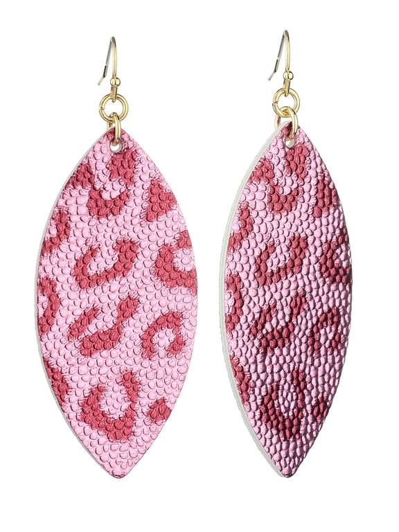 Women's Faux Leather Textured Pattern Elongated Oval Dangle Pierced Earrings, Leopard Pink