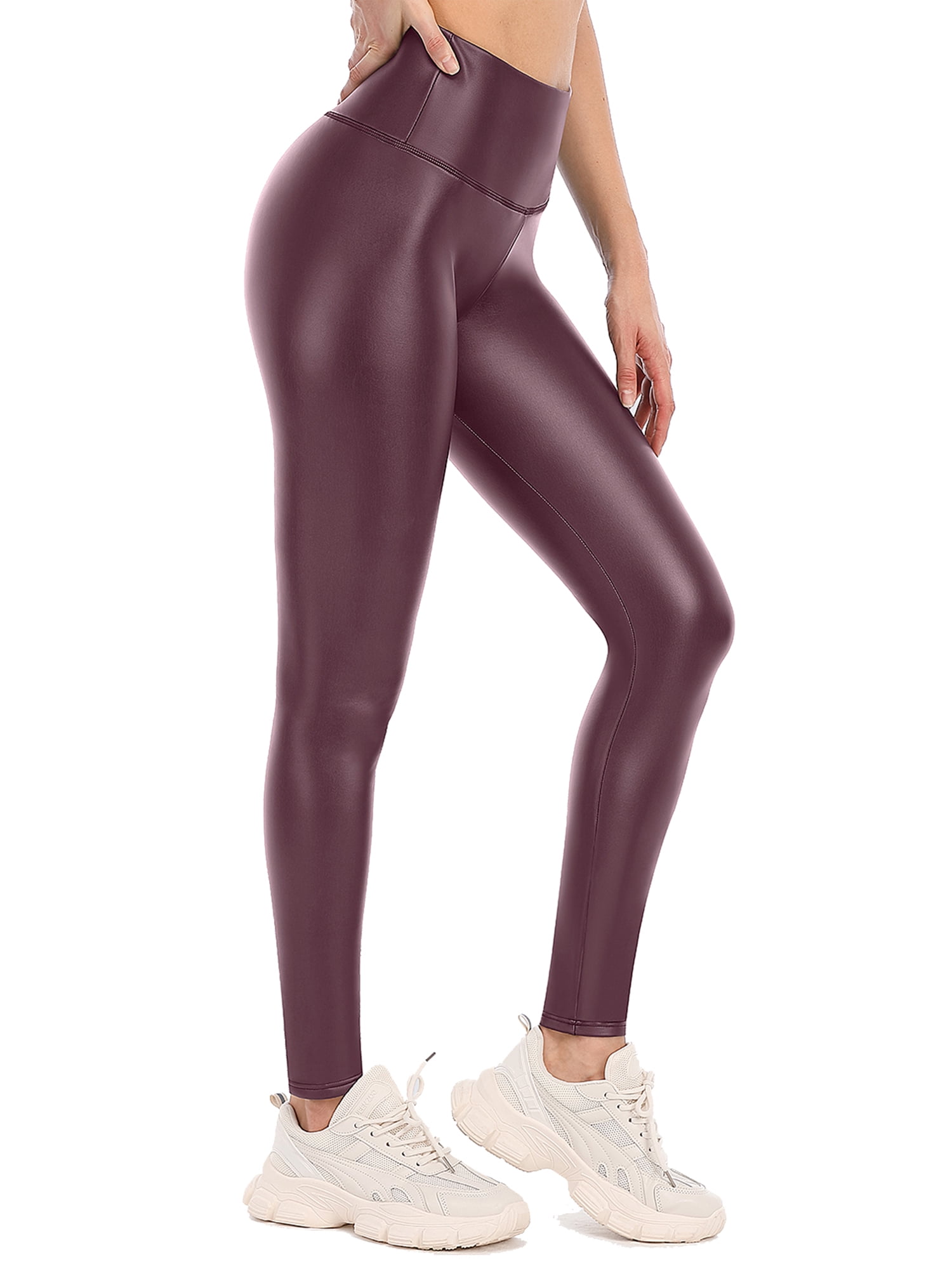 Women's Faux Leather Thermal Leggings Fleece Lined Warm Yoga Pants with  Pockets 