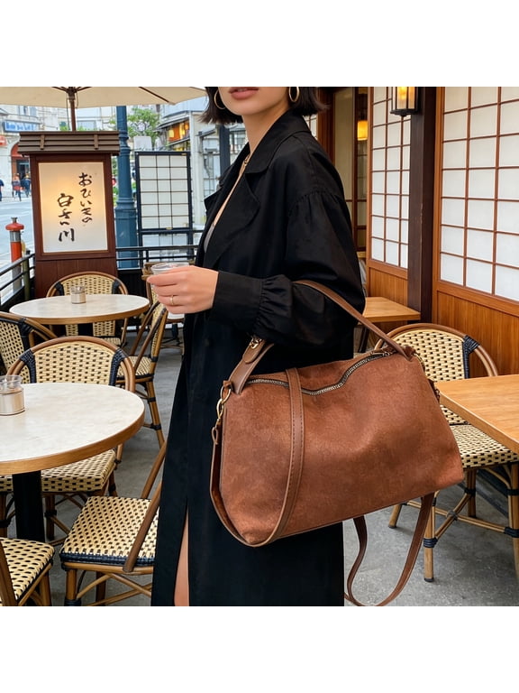 Women's Faux Leather Tote Bag Large Capacity Shoulder Crossbody Purse with Zipper for Office Travel Brown