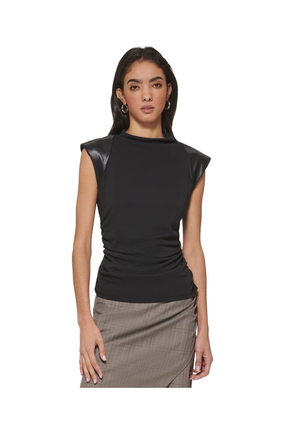 Women's Faux-Leather-Trim Ruched Top Black M