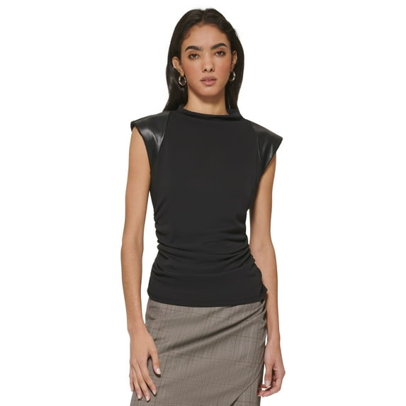 Women's Faux-Leather-Trim Ruched Top Black XL