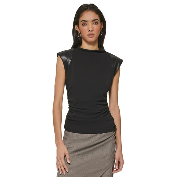 Women's Faux-Leather-Trim Ruched Top Black XL