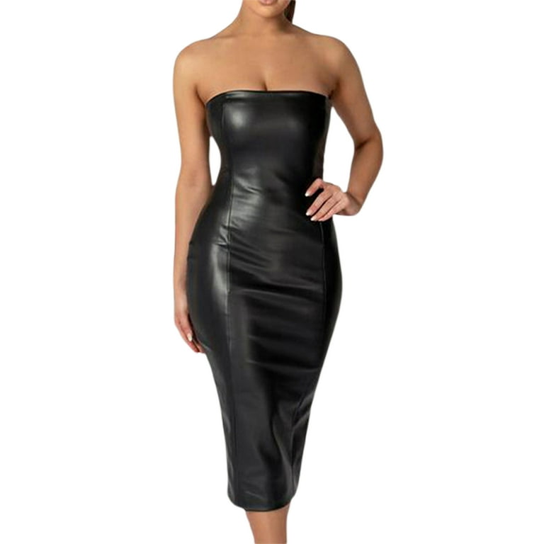 Women's Faux Leather Tube Dress, Sleeveless Strapless Solid Color Bodycon  Long Dress
