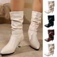 thumbnail image 1 of Women's Faux Leather Under Knee High Boots Pull On Soft Slouchy Mid Calf Boots Pointed Toe High Heel Mid Boots Size 36-42 Beige, 1 of 9